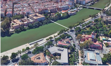 Pasarela sobre el río entre los puentes de San Telmo y Los Remedios (fotomontaje) Pasarela sobre el río entre los puentes de San Telmo y Los Remedios (fotomontaje)