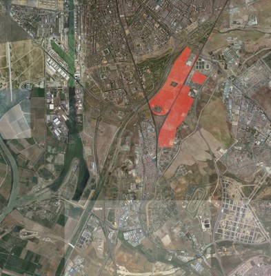 Imagen aérea de la zona Sur de Sevilla con el ámbito de Villanueva del Pítamo destacado
