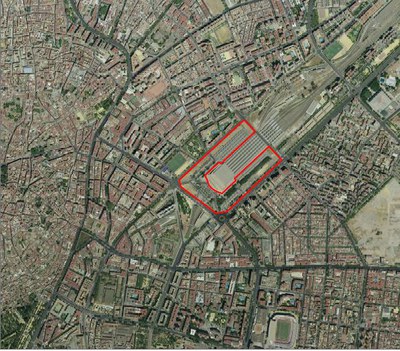 Imagen aérea del sector, con la delimitación del entorno de la estación de Santa Justa objeto de la ordenación propuesta