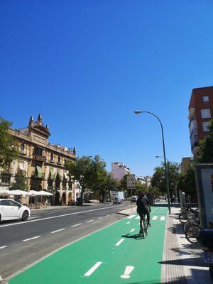 Ciclista circulando por carril bici en la zona de la Macarena