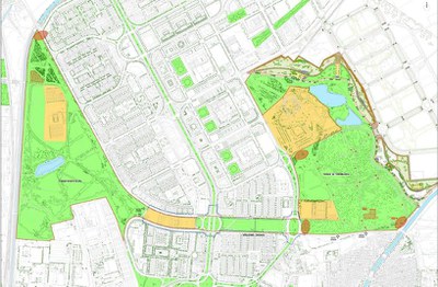 plano de las tres zonas verdes sobre las que se actuará  conectadas entre sí