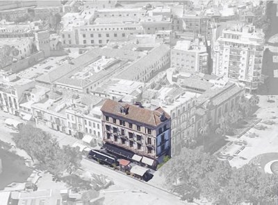 Edificio de la Puerta de Jerez objeto de esta operación destacado del resto de la manzana donde se ubica