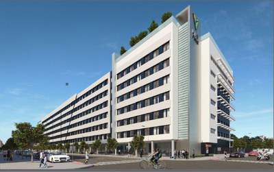 Infografía del edificio de la futura residencia estudiantil que se construirá junto al colegio Portaceli, en Nervión