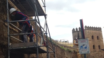 Operarios de la empresa restauradora limpiando con brocha el lienzo de la muralla. Al fondo, la Torre Blanca