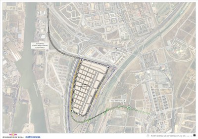 Plano de planta general del sector de Palmas Altas Sur donde se identifican los accesos previstos por los extremos norte y sur 