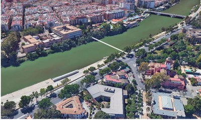 Fotomontaje de la pasarela peatonal prevista en posición perpendicular al río 