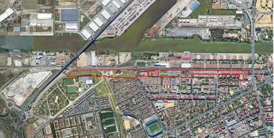 Imagen aérea de la zona de actuación con delimitación del ámbito donde se desarrollará esta operación urbanística