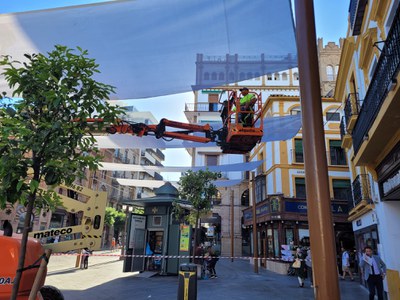 Trabajos de montaje de los toldos en la Plaza de la Campana