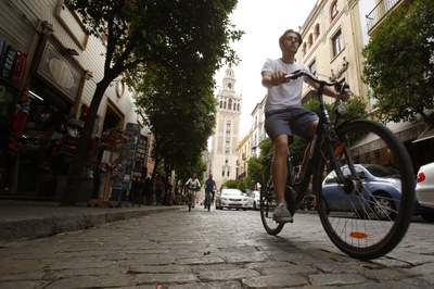 Un ciclista recorre la calle Mateos Gago, con la Giralda al fondo