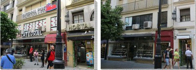 Ejemplo de establecimiento de la Avda. de la Constitución antes y después de adaptar sus elementos publicitarios a los nuevos criterios establecidos