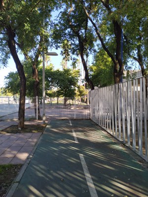 Vía ciclista del Camino de los Descubrimientos en el punto de encuentro con la valla del Pabellón de la Navegación, que impide su continuidad
