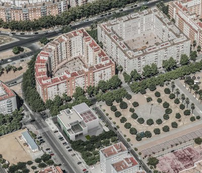 Vista aérea de la zona donde está prevista la construcción del nuevo centro cívico, con una recreación del mismo junto al espacio ajardinado central