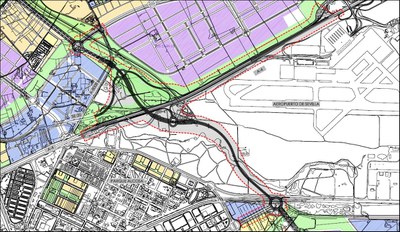 Trazado actual del anteproyecto de la Ronda SE-35 que se estudiará para analizar su viabilidad de cara a los nuevos desarrollos urbanísticos en el entorno del aeropuerto 