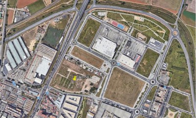 Foto aérea de la zona del Higuerón Sur con identificación de la parcela donde se construirán dos naves industriales 