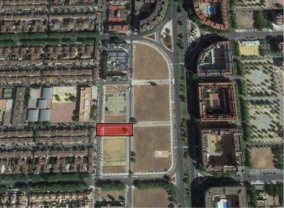 Vista aérea del sector, con la parcela donde se va a construir resaltada