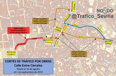 Plano de rutas de tráfico arbitradas para circular por la zona de obras durante las dos semanas de duración de las mismas