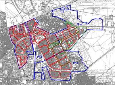 Plano del Polígono Aeropuerto con la delimitación de los Planes Parciales originarios y de todos los sectores incluidos en los mismos