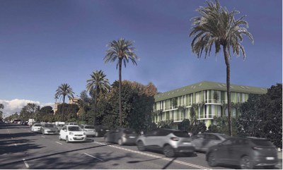 Montaje fotográfico que recrea la nueva residencia universitaria en construcción en el número 17 de la Avda. de la Palmera