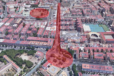 Imagen aérea de la zona del barrio de Triana con los tres espacios sombreados que serán objeto de las actuaciones que han salido a licitación