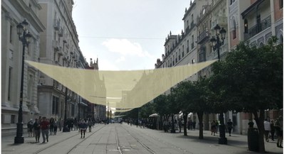 Recreación del aspecto que presentaría la Avenida de la Constitución con toldos